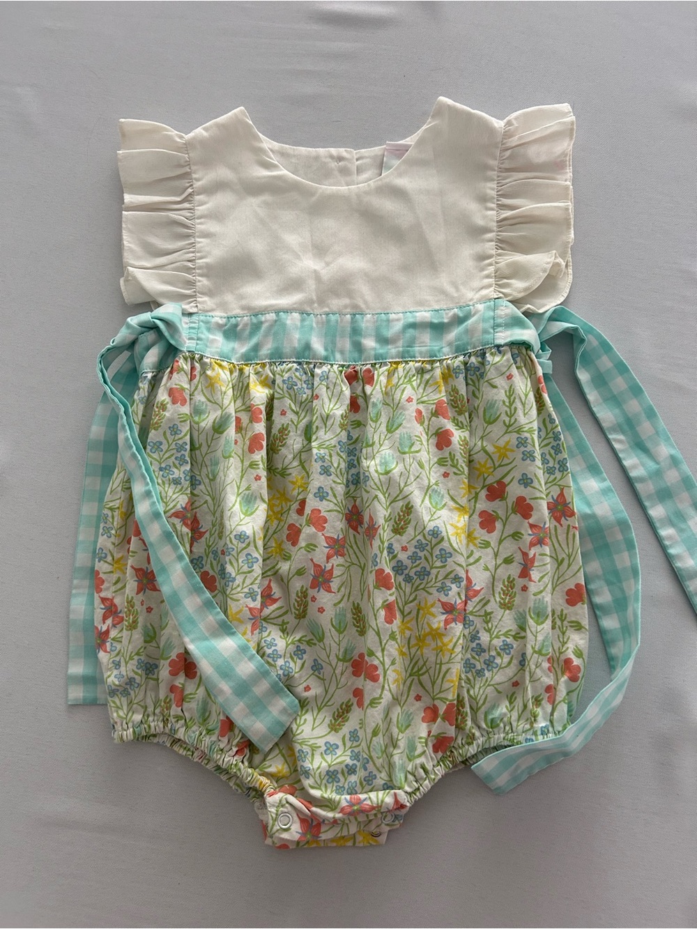 2T Shrimp & Grits Girls Floral Gingham One-Piece Romper - Mint and Cream EUC